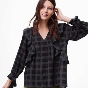 ▪LOFT▪ black plaid ruffle tie cuff blouse